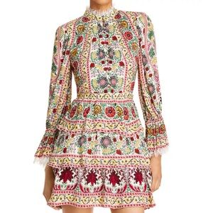 Alice + Olivia Lawson Tiered Mini Dress sz 8 Vibrant Floral Long Sleeve Dress